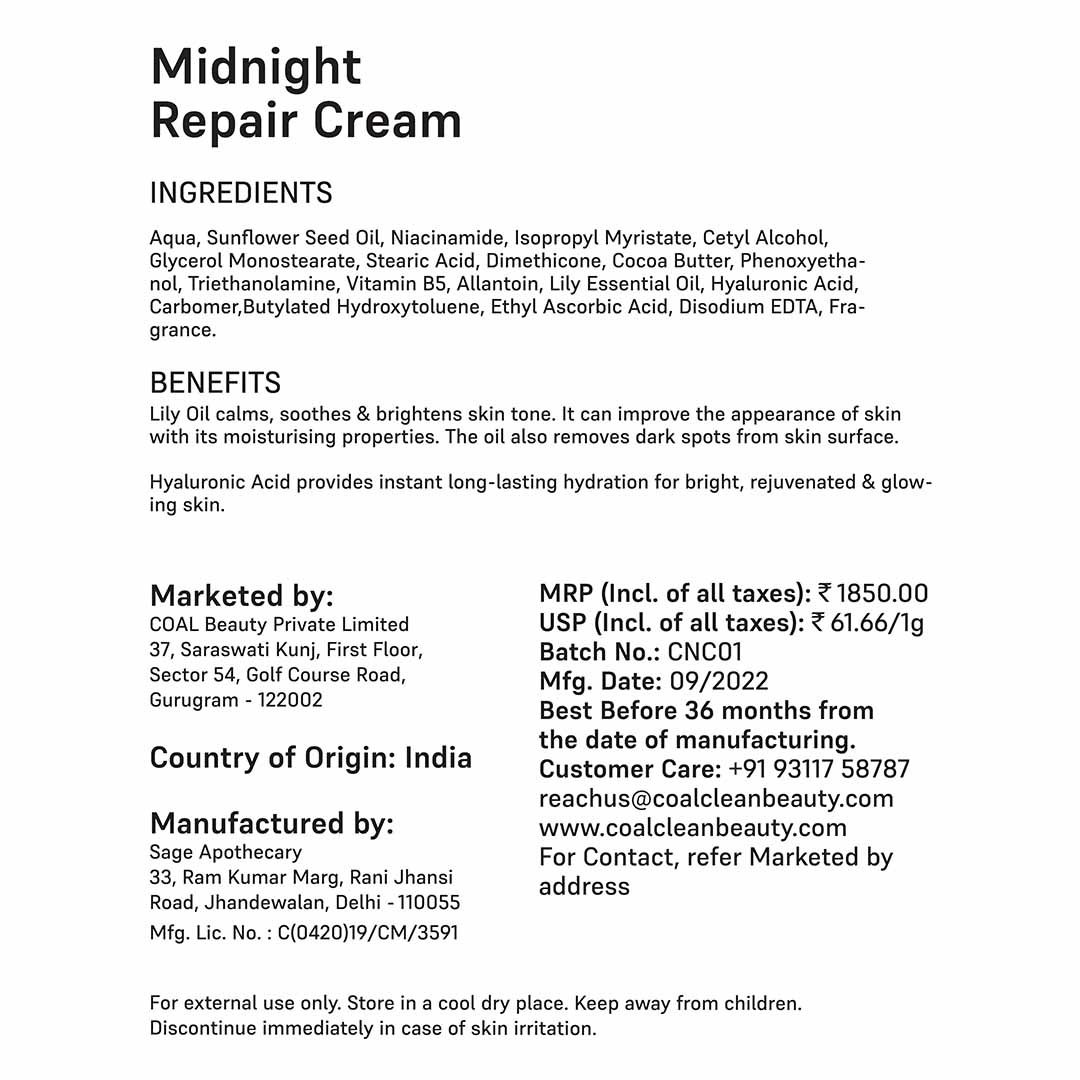 Vanity Wagon | Buy COAL Clean Beauty Midnight Repair Cream with Hyaluronic Acid & Lily Essential Oil