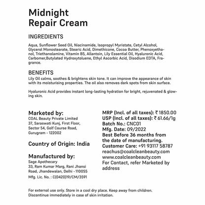 Vanity Wagon | Buy COAL Clean Beauty Midnight Repair Cream with Hyaluronic Acid & Lily Essential Oil