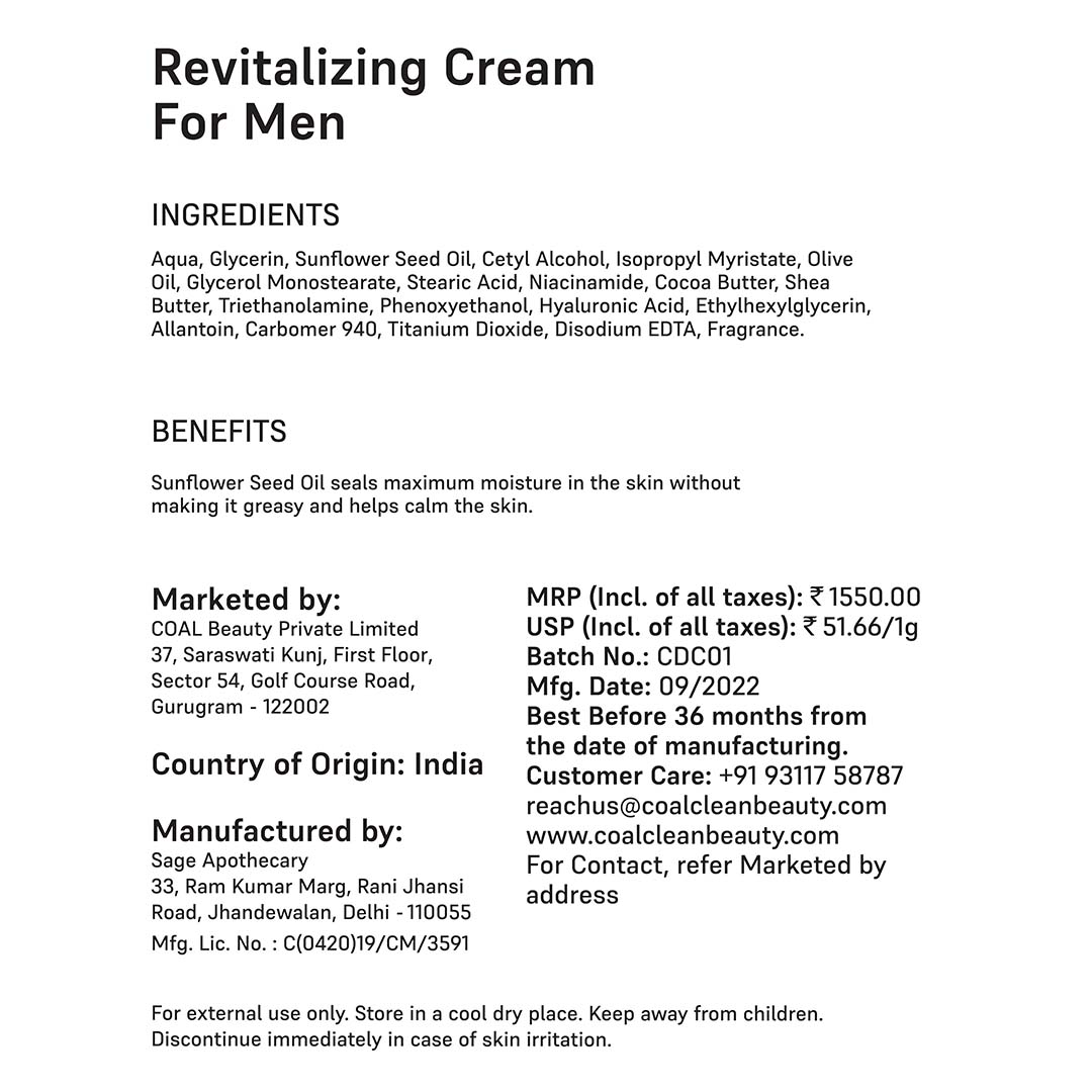 Vanity Wagon | Buy COAL Clean Beauty Revitalizing Cream with Sunflower Seed Oil for Men