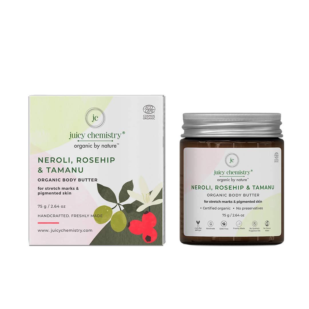 Juicy Chemistry Organic Body Butter for Stretch Marks & Pigmented Skin with Neroli, Rosehip & Tamanu